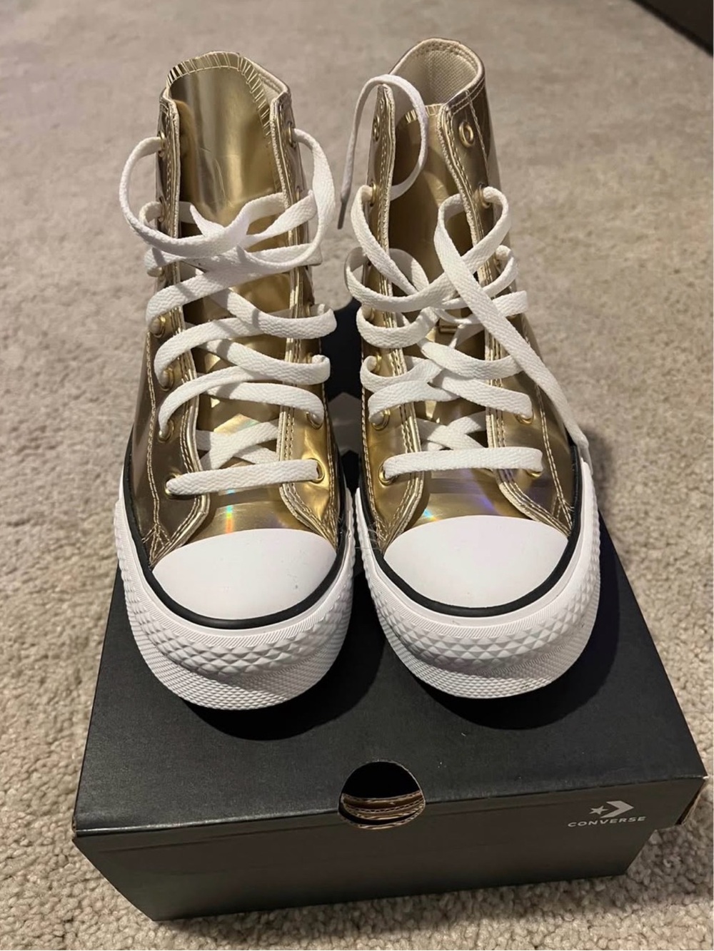 Converse Metallic Gold High-Top Sneakers with White Laces. Size 6Y